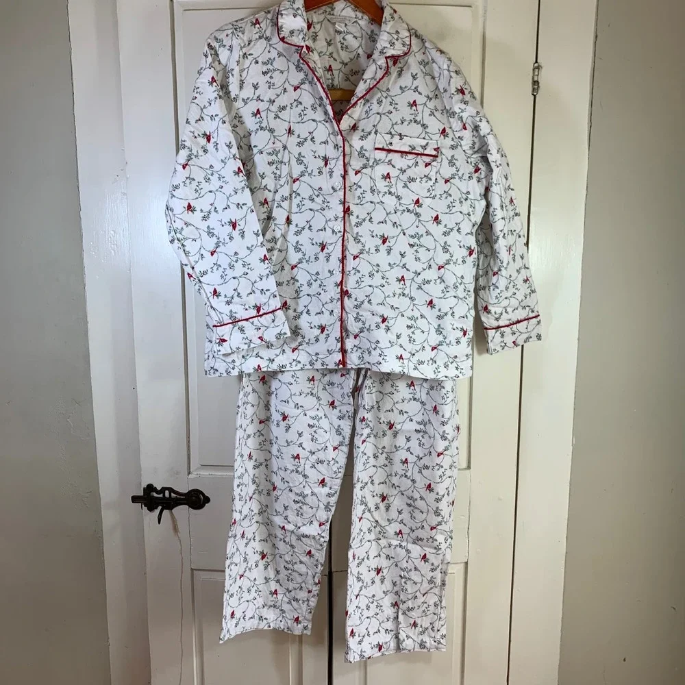 Charter Club Intimates Women PL Cotton Flannel Pajama Set Cardinal‎ Bird Lover